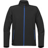 A black softshell jacket featuring blue zip details and side pockets. It has a high collar and a logo.