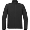 A black softshell jacket with a zippered front, high collar, and two side pockets. Features a logo on the lower front.