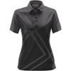 A dark grey women's polo shirt featuring a geometric pattern and a collar. The shirt has a logo on it.