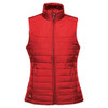 A red women's quilted vest with a high collar and zip front, featuring a logo on the lower side.