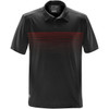 A black polo shirt featuring horizontal red stripes and a logo on the hem. Stylish and modern design.