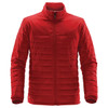 A red quilted jacket featuring a zip front and standing collar, with a logo on the front.