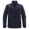 A men's navy quilted jacket with a front zip and a logo on the hem, featuring a modern, insulated design.