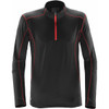A black polar fleece pullover featuring red stitching and a half zip. It has a logo on the front.