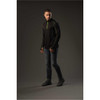 A men's black fleece pullover with neon green detailing, featuring a high collar and a zip neck.