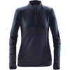 A women's navy pulse fleece pullover with a half-zip collar and long sleeves. Features stitching details and a logo.