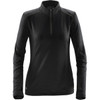 A women's black fleece pullover with a quarter zip and long sleeves, featuring a small logo on the hem.