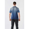 A men's polo shirt featuring a gradient design from light blue to navy, with a logo on the back.