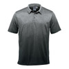 A dark grey polo shirt with a collar and short sleeves, featuring a logo on the hem.