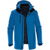 A blue jacket with a hood, featuring a zip front and multiple pockets. It has a logo on the design.