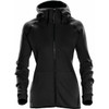 A black women's hoodie with a zip front, pockets, and a hood, featuring a logo on the side.