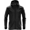A black hooded rain jacket with a zip front and side pockets, featuring a logo on the sleeve.