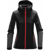 A women's softshell hoody in black with contrasting red zips and hood, featuring side pockets and a fitted design.