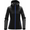 A black women's softshell hoody featuring blue zippers and a hood. It has two side pockets and a sleek design.