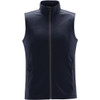 A navy blue softshell vest with a high collar and side zip pockets. It features a logo on the chest.