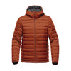 A thermal jacket in burnt orange with a hood, featuring a quilted design and a brand logo.