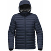 A navy thermal jacket featuring a hood, quilted design, and a zip front, with branding visible.