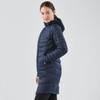 A navy women's parka jacket with a hood, featuring a quilted design and side pockets. It has a logo on it.