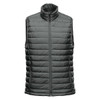 A green thermal vest with a high collar and zip front, featuring quilted padding and a logo.