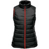 A black thermal vest with a high collar and red zipper, featuring quilted padding and no sleeves.