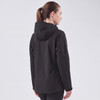 A black women's softshell jacket with a hood, displayed from the back. It features a logo on the sleeve.