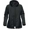 A women's black 3 in 1 jacket with a hood, featuring a zip closure and a logo on the sleeve.