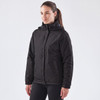 A black women's jacket with a hood, featuring a front zip and side pockets, displayed on a model.