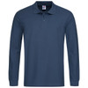 A long sleeve men's polo shirt in navy blue, featuring a collar and three buttons. Includes a logo on the chest.