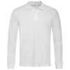 A white long sleeve polo shirt featuring a collar and button placket, with a logo on the chest.