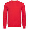 A red sweatshirt with a crew neck and long sleeves, featuring a small logo on the front.