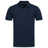 A navy blue men's polo shirt featuring a collar, three-button placket, and a logo on the chest.
