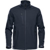 A men's softshell jacket in dark navy, featuring a zippered chest pocket and two side pockets, and a logo.