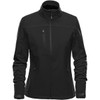 A black softshell jacket with a zip front, high collar, and a zippered pocket on the chest. It features a logo.