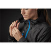 A rain jacket in black with blue accents, featuring adjustable toggles on the hood and front pocket.