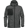 A grey rain jacket with a black panel and a hood, featuring zippered pockets and a brand logo.