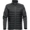 A men's hybrid jacket in dark grey with a quilted front and knit sleeves. Features a full zip and two side pockets.