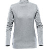 A grey women's jumper with a high neck and long sleeves, featuring a logo on the hem.