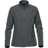 A women's jacket in dark grey with a zip front and a sleek, textured design. Features a branded logo.