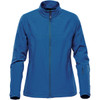 A blue women's jacket with a textured pattern, featuring a high neck and full zip closure. It has a branding logo.