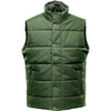 A green men's thermal vest featuring a quilted design and a high collar, with snap button closures and no sleeves.