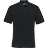 A black polo shirt featuring a collar, short sleeves, and a logo on the chest. Made from stretch pique fabric.