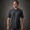 A man's charcoal grey polo shirt with a classic collar and short sleeves, featuring a logo on the chest.