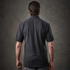 A men's polo shirt in dark grey with a collar and short sleeves. The back view showcases its sleek design.