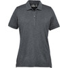 A grey women's polo shirt featuring short sleeves, a collar, and a branded label at the neckline.