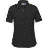 A black women's button-up shirt with short sleeves, featuring a textured pattern and a logo tag.
