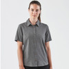 A button-up women's shirt in grey with short sleeves and a collar, featuring a logo.