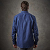 A men's long-sleeve button-up shirt in a dark blue shade, featuring a back view and a simple design.