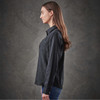 A women's long-sleeve button-up shirt in black, displayed from the side with a subtle texture and a logo.