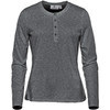 A long-sleeve henley shirt in a dark grey colour with a buttoned placket and a subtle logo.