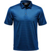 A men's polo shirt in navy blue with a striped pattern and a collar. Features a logo.